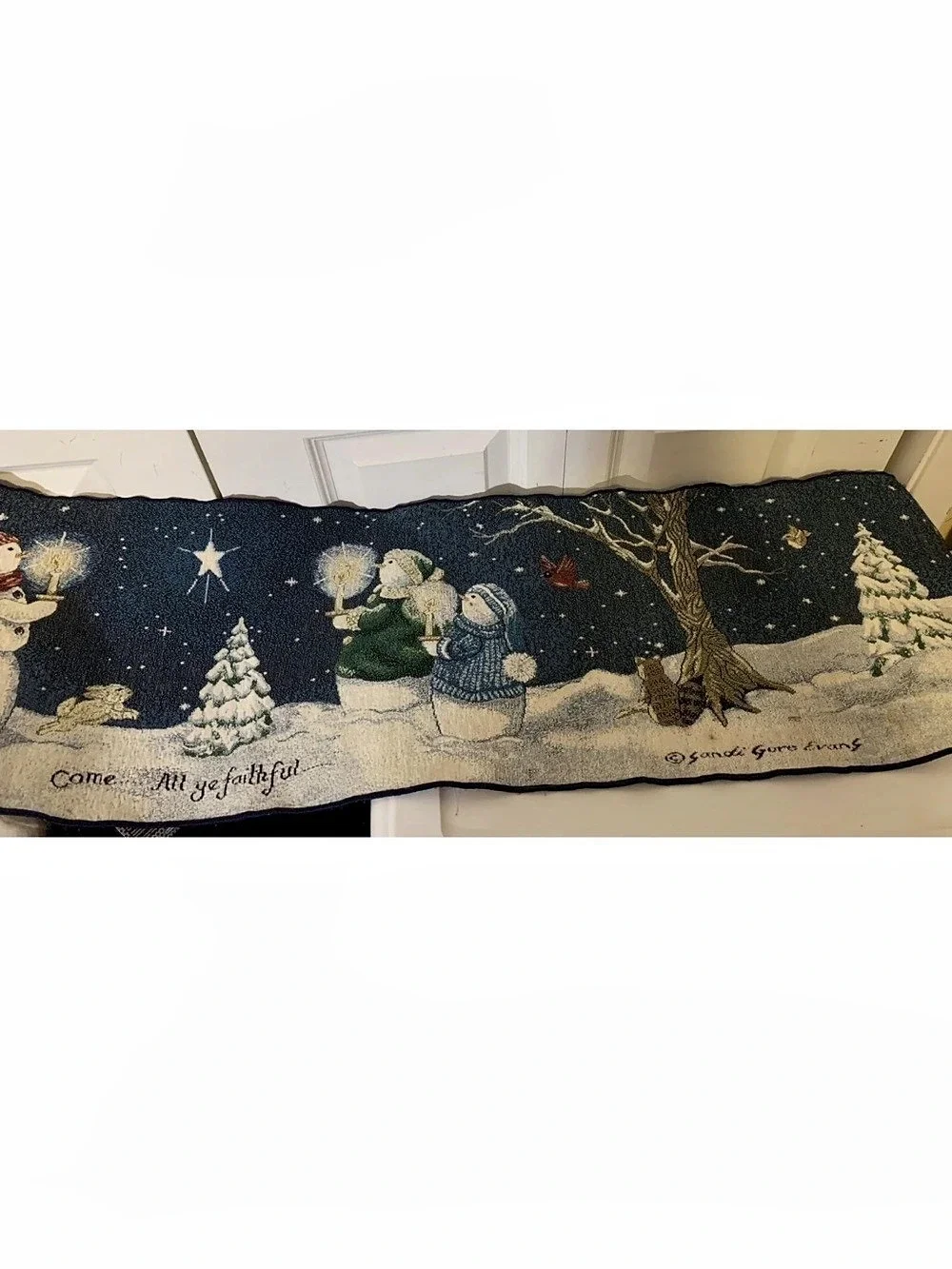 VTG Tapestry Christmas Table Runner Come All Ye Faithful Sandi Gore Evans Snow